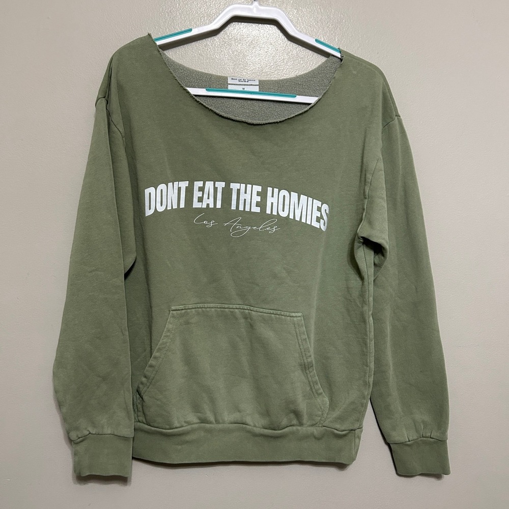 Dont Eat The Homies Sweatshirt Women M Green Raw Neck Off Shoulder Graphic Vegan